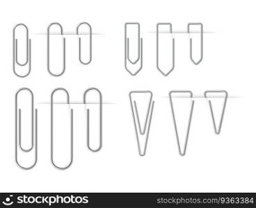 Realistic metal silver paper clips set isolated and attached on white background. Paperclips and binders for pages collection. 3d vector illustration. Realistic metal silver paper clips set isolated and attached on white background