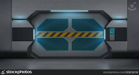 Realistic metal sliding doors with warning striped tape. Vector futuristic interior of empty hallway in spaceship or lab. Closed gate with security code lock keypad and display on the wall. Futuristic metal sliding doors in spaceship