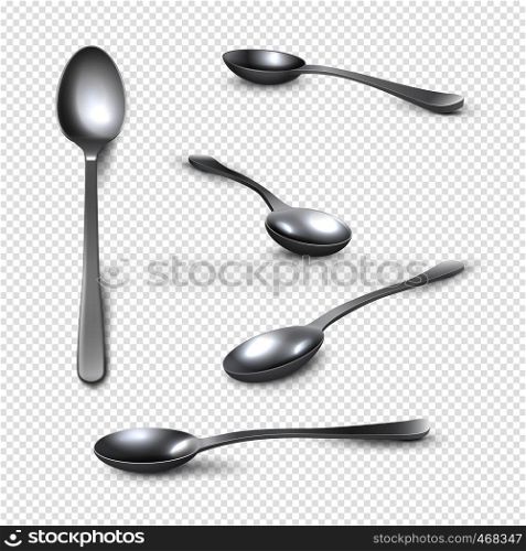 Realistic metal spoon. 3D silver teaspoon isolated on white, stainless steel shiny tablespoon. Vector isometric set table utensils of realistic spoon. Realistic metal spoon. 3D silver teaspoon isolated on white, stainless steel shiny tablespoon. Vector isometric set of realistic spoon