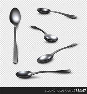 Realistic metal spoon. 3D silver teaspoon isolated on white, stainless steel shiny tablespoon. Vector isometric set table utensils of realistic spoon. Realistic metal spoon. 3D silver teaspoon isolated on white, stainless steel shiny tablespoon. Vector isometric set of realistic spoon