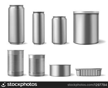 Realistic metal tincans. Food and drink can, beverage packaging mockup and different shapes steel beer cans isolated 3d vector set. Container tin and can steel, product metal template illustration. Realistic metal tincans. Food and drink can, beverage packaging mockup and different shapes steel beer cans isolated 3d vector set