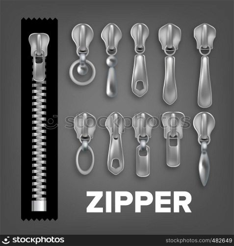 Realistic Metallic And Plastic Fastener Set Vector. Zipper, Fabric Pull And Fastener On Black Background. Garment Components For Bags And Bungee Cord Accessory. Isolated 3d Illustration. Realistic Metallic And Plastic Fastener Set Vector