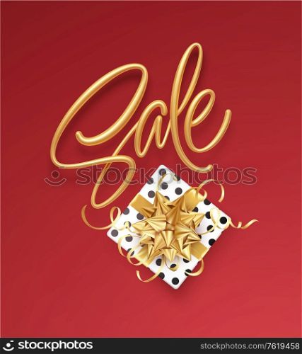 Realistic metallic gold inscription Sale on the background with a gift box and a golden bow. Design template for banner, voucher, poster, flyer. Vector illustration EPS10. Realistic metallic gold inscription Sale on the background with a gift box and a golden bow. Design template for banner, voucher, poster, flyer. Vector illustration