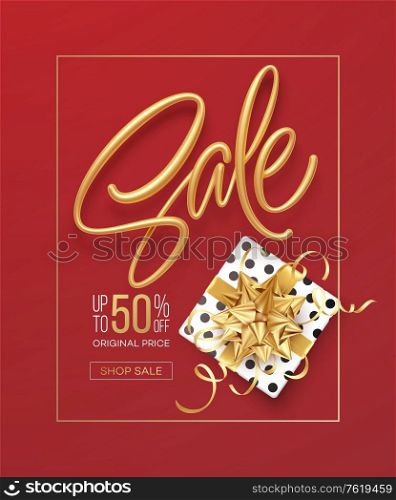 Realistic metallic gold inscription Sale on the background with a gift box and a golden bow. Design template for banner, voucher, poster, flyer. Vector illustration EPS10. Realistic metallic gold inscription Sale on the background with a gift box and a golden bow. Design template for banner, voucher, poster, flyer. Vector illustration