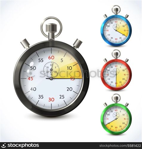 Realistic metallic stopwatch countdown speed sport chronometer set isolated vector illustration