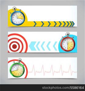 Realistic metallic stopwatch horizontal banners set isolated vector illustration