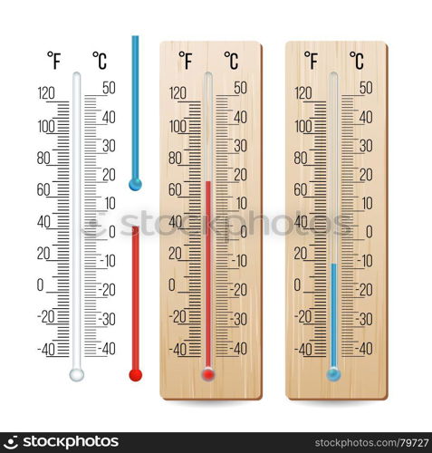 Realistic Meteorological Thermometer Vector. Rred And Blue. Different Levels. Isolated Illustration. Thermometer Vector. Outdoor, Indoor Alcohol Thermometers Set. Isolated Illustration