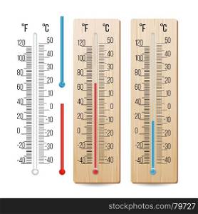 Realistic Meteorological Thermometer Vector. Rred And Blue. Different Levels. Isolated Illustration. Thermometer Vector. Outdoor, Indoor Alcohol Thermometers Set. Isolated Illustration