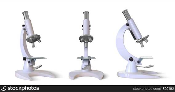 Realistic microscope. 3D Science and medical instrument for research, laboratory magnification tool for study and survey. Vector isolated set illustration lab grey tools on white background. Realistic microscope. 3D Science and medical instrument for research, laboratory magnification tool for study and survey. Vector isolated set