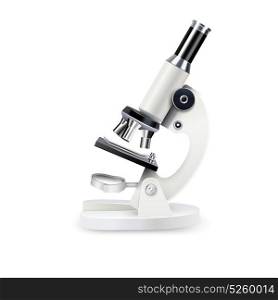 Realistic Microscope Composition . White gloss realistic microscope composition with some iron shining parts on white background vector illustration