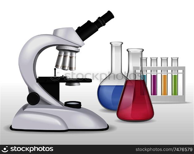 Realistic microscope composition with image of laboratory gear with glass test tubes filled with colourful liquids vector illustration