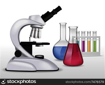 Realistic microscope composition with image of laboratory gear with glass test tubes filled with colourful liquids vector illustration