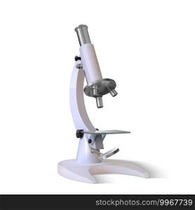Realistic microscope. Vector 3D science and medical instrument isolated on white background, laboratory chemistry and biology white optical equipment, scientific research and educational single device. Realistic microscope. Vector 3D science and medical instrument isolated on white background, laboratory chemistry and biology optical equipment, scientific research and educational device