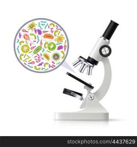 .Realistic Microscope With Magnified Specimen Image. Biochemical research lab realistic white black microscope side view with magnified examined specimen image drawing vector illustration