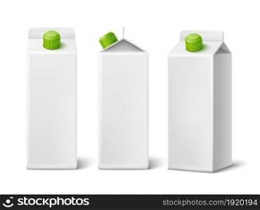 Realistic milk box. Aseptic lactic packs. White cardboard packaging mockup for branding. Isolated juices and beverage blank containers from different view angles. Vector liquid products package set. Realistic milk box. Aseptic lactic packs. White cardboard packaging mockup for branding. Juices and beverage containers from different view angles. Vector liquid products package set