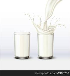 Realistic milk glass. 3D milkshake splash. Organic nutritious drink. Dairy product. Full liquid cream clear cup. Pouring milky stream with drops. White fluid yogurt flow template. Vector concept. Realistic milk glass. 3D milkshake splash. Organic nutritious drink. Dairy product. Full liquid cream cup. Pouring milky stream with drops. Fluid yogurt flow template. Vector concept