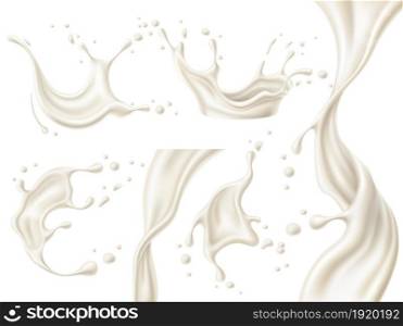 Realistic milk splashes. Liquid cream and yogurt whirlpool with drops. Drink crowns. Swirl shape streams. Different white flow elements. Pouring beverage template. Vector dairy products splatters set. Realistic milk splashes. Liquid cream and yogurt whirlpool with drops. Drink crowns. Swirl shape streams. White flow elements. Pouring beverage. Vector dairy products splatters set