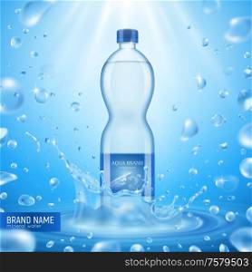 Realistic mineral water bottle background composition with lots of flying drops sunlight text and plastic packaging vector illustration
