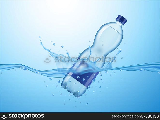 Realistic mineral water composition with image of drifting plastic water bottle with water drops and spray vector illustration