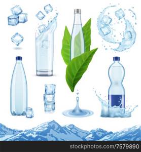 Realistic mineral water set with isolated images of ice cubes plastic and glass bottles with leaves vector illustration