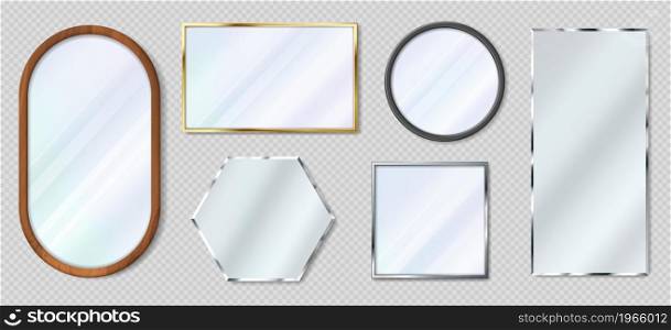 Realistic mirror in various shapes, reflective glass with metal frames. 3d metallic gold and wooden frame mirrors, interior decor vector set. Modern decorative borders isolated set