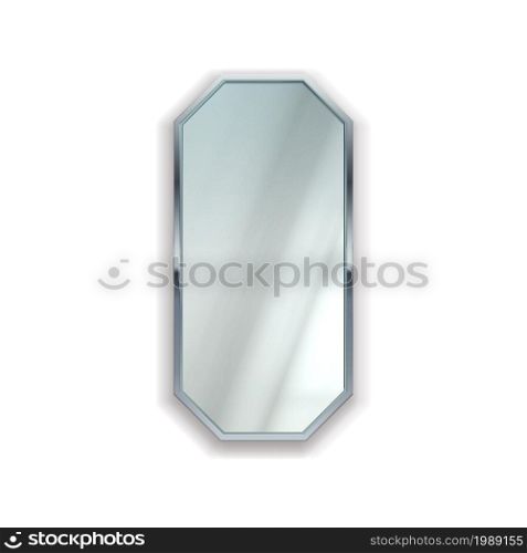 Realistic mirror with metal frame. Room furnishing element. Reflective surface in silver frame. Isolated bathroom or bedroom furniture template. Glossy geometric framework. Vector wall decoration. Realistic mirror with metal frame. Room furnishing element. Reflective surface in silver frame. Isolated bathroom and bedroom furniture. Geometric framework. Vector wall decoration
