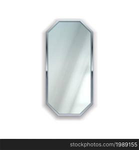 Realistic mirror with metal frame. Room furnishing element. Reflective surface in silver frame. Isolated bathroom or bedroom furniture template. Glossy geometric framework. Vector wall decoration. Realistic mirror with metal frame. Room furnishing element. Reflective surface in silver frame. Isolated bathroom and bedroom furniture. Geometric framework. Vector wall decoration