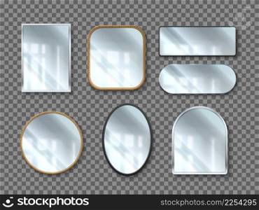 Realistic mirrors. 3D reflective glass surface in different shape geometric frames. Decorative vintage and modern forms. Hanging on wall room furniture. Vector isolated home interior elements set. Realistic mirrors. 3D reflective glass surface in different shape frames. Decorative vintage and modern forms. Hanging on wall room furniture. Vector isolated interior elements set