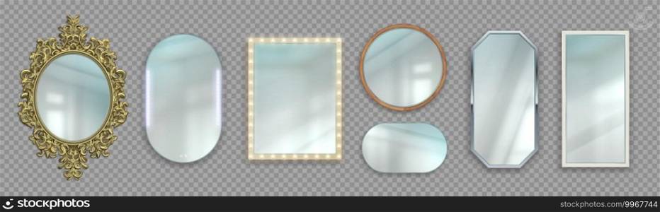 Realistic mirrors. 3D round and rectangular reflective surfaces. Modern or classic and decorative vintage frames. Framework with light bulbs. Vector interior furniture set on transparent background. Realistic mirrors. 3D round and rectangular reflective surfaces. Modern or classic and vintage frames. Framework with bulbs. Vector interior furniture set on transparent background