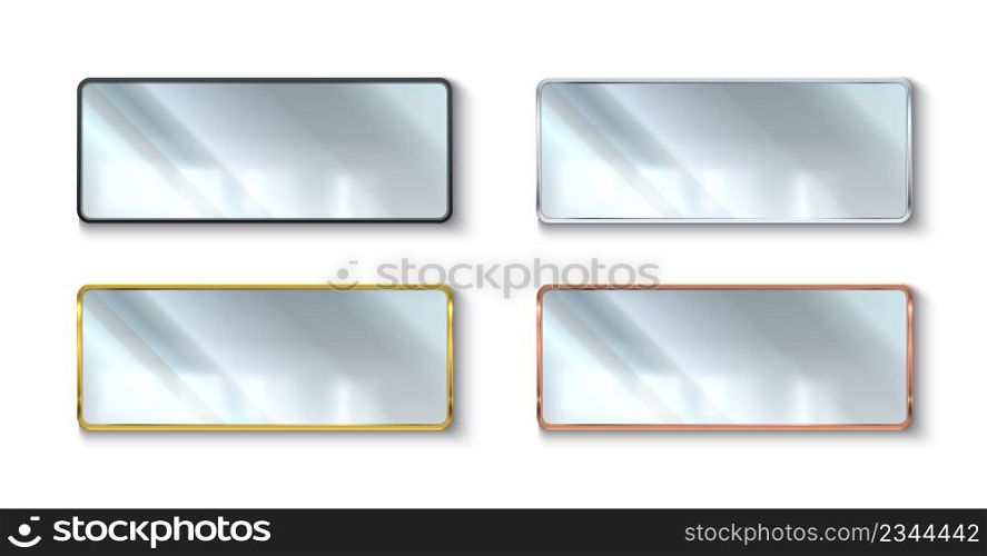 Realistic mirrors colors frames. Rectangle shape reflective glass surfaces. Different materials. Copper, gold, black and silver borders. Hanging on wall room furniture. Vector interior elements set. Realistic mirrors colors frames. Rectangle shape reflective glass surfaces. Different materials. Copper, gold, black and silver. Hanging on wall furniture. Vector interior elements set