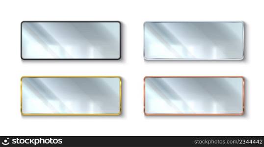 Realistic mirrors colors frames. Rectangle shape reflective glass surfaces. Different materials. Copper, gold, black and silver borders. Hanging on wall room furniture. Vector interior elements set. Realistic mirrors colors frames. Rectangle shape reflective glass surfaces. Different materials. Copper, gold, black and silver. Hanging on wall furniture. Vector interior elements set