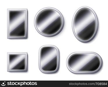 Realistic mirrors surfaces. Mirror frame, reflective surface and mirroring glass. Silver makeup cosmetic room mirrors 3D isolated vector icons illustration. Realistic mirrors surfaces. Mirror frame, reflective surface and mirroring glass 3D isolated vector illustration