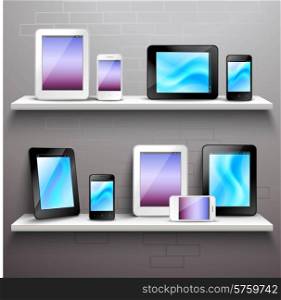 Realistic mobile electronic devices set on shelves store vector illustration. Devices On Shelves