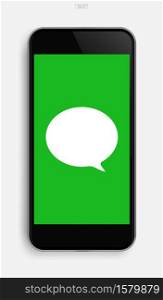 Realistic mobile phone with application image on display screen background. Vector illustration.