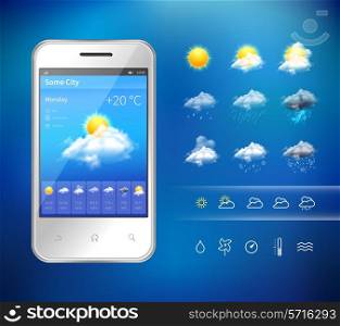 Realistic mobile phone with weather forecast widget mobile application program layout template vector illustration