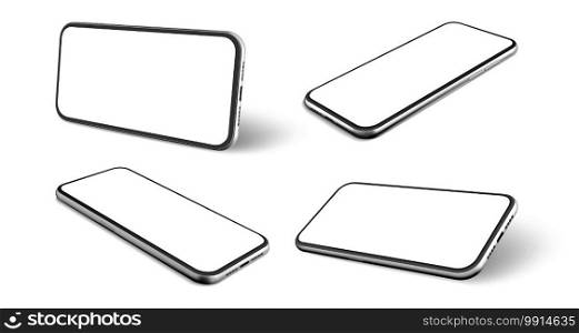 Realistic mobile phones set. Collection of realism style drawn cellphone frame with blank display template. Illustration of portable information smartphone device from different angles mockup.. Realistic mobile phones set collection