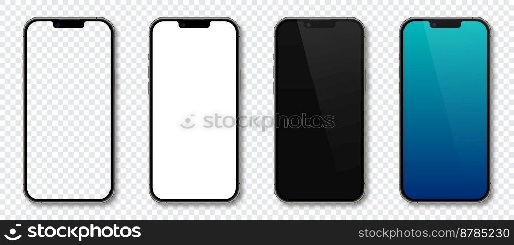 Realistic models smartphone. Smartphone mockup collection. Device front view. 3D mobile phone with shadow. Vector illustration