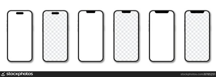 Realistic models smartphone. Smartphone mockup collection. Realistic trendy different models smartphone. Detailed mockup smartphone. Device front view. 3D mobile phone with shadow. Vector illustration