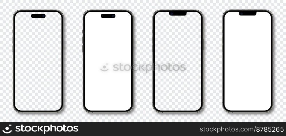Realistic models smartphone. Smartphone mockup collection. Realistic trendy different models smartphone. Detailed mockup smartphone. Device front view. 3D mobile phone with shadow. Vector illustration