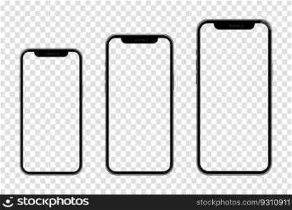 Realistic models smartphone with transparent screens. Smartphone mockup collection. Device front view. Vector illustration