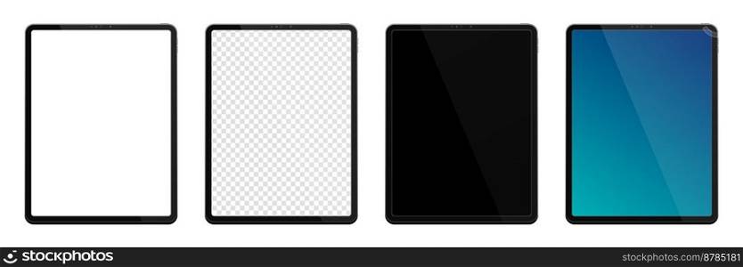 Realistic models tablet. Tablet mockup collection. Modern black tablet pc. Device front view. 3D tablet. Vector illustration