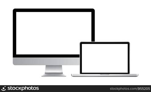 Realistic modern computer monitor and laptop computer with blank screen isolated on white background vector illustration