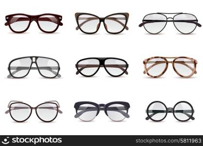 Realistic modern fashion eyeglasses assortment decorative icons set isolated vector illustration. Realistic Eyeglasses Set