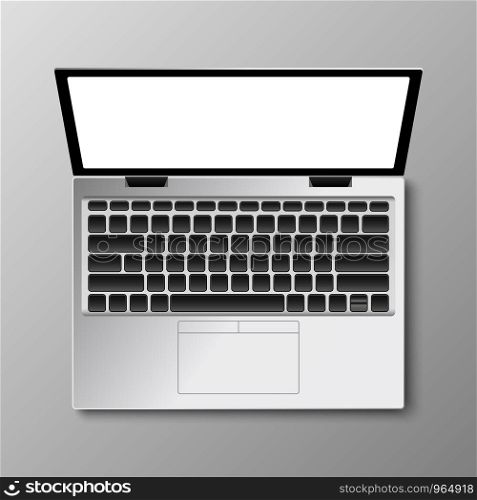 Realistic modern laptop computer on top view, vector illustration