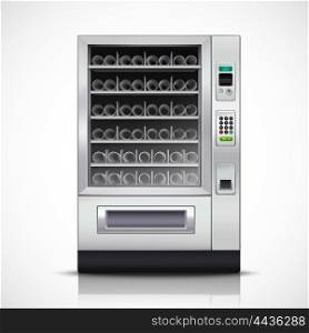 Realistic Modern Vending Machine . Realistic modern vending machine with steel body and electronic control panel on white background isolated vector illustration