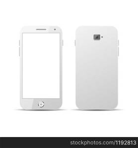 Realistic modern white phone front and back, isolated on white background. Vector illustration