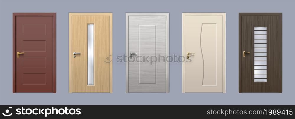 Realistic modern wooden doors, house and room entrance. 3D front door with glass and knob. Apartment or office wood door design vector set. Building interior elements with metal handles. Realistic modern wooden doors, house and room entrance. 3D front door with glass and knob. Apartment or office wood door design vector set