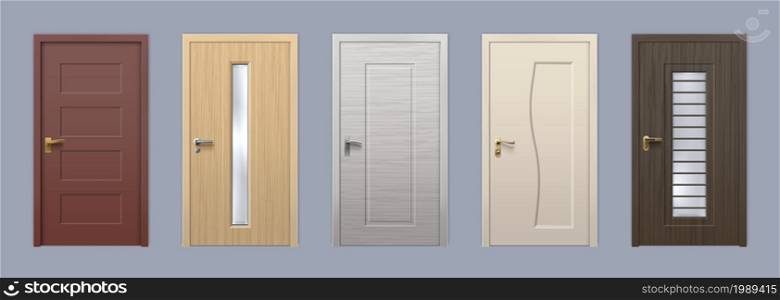 Realistic modern wooden doors, house and room entrance. 3D front door with glass and knob. Apartment or office wood door design vector set. Building interior elements with metal handles. Realistic modern wooden doors, house and room entrance. 3D front door with glass and knob. Apartment or office wood door design vector set