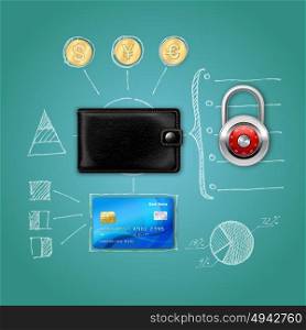 Realistic Money Concept. Realistic money concept with leather wallet padlock credit card golden coins hand drawn elements isolated vector illustration