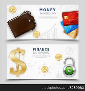 Realistic Money Horizontal Banners. Realistic money horizontal banners with leather wallet colorful bank cards padlock dollar sign gold coins vector illustration